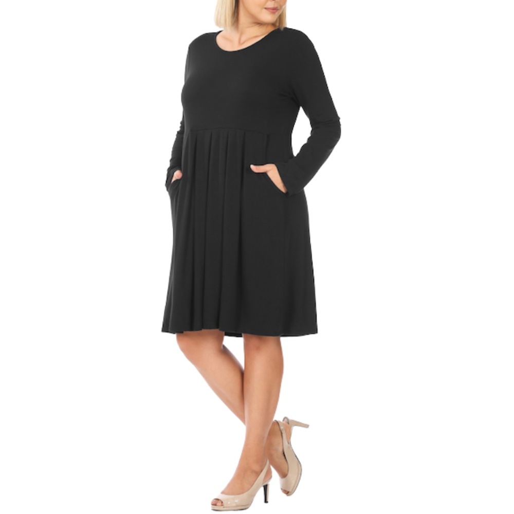 Black Plus Pleated Waist Long Sleeve Dress